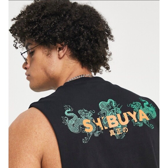 ASOS DESIGN Relaxed Fit Tank Black SHIBUYA Souvenir City Print Sz M - Picture 1 of 8